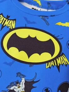 BATMAN X SHEIN 男婴时尚卡通蝙蝠图案针织圆领长袖上衣和裤子睡衣套装 - 藍色 - 查看 3