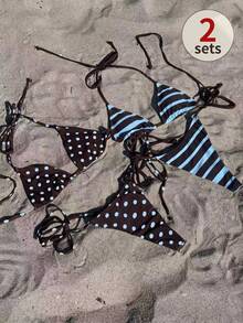 SHEIN Swim 女款夏季海灘度假掛脖綁帶波點條紋性感丁字比基尼泳衣4件套，棕色上衣、藍色上衣，度假穿搭、海灘穿搭、女性度假穿搭、波點上衣、返校季、教師 - 彩色 - 查看 3