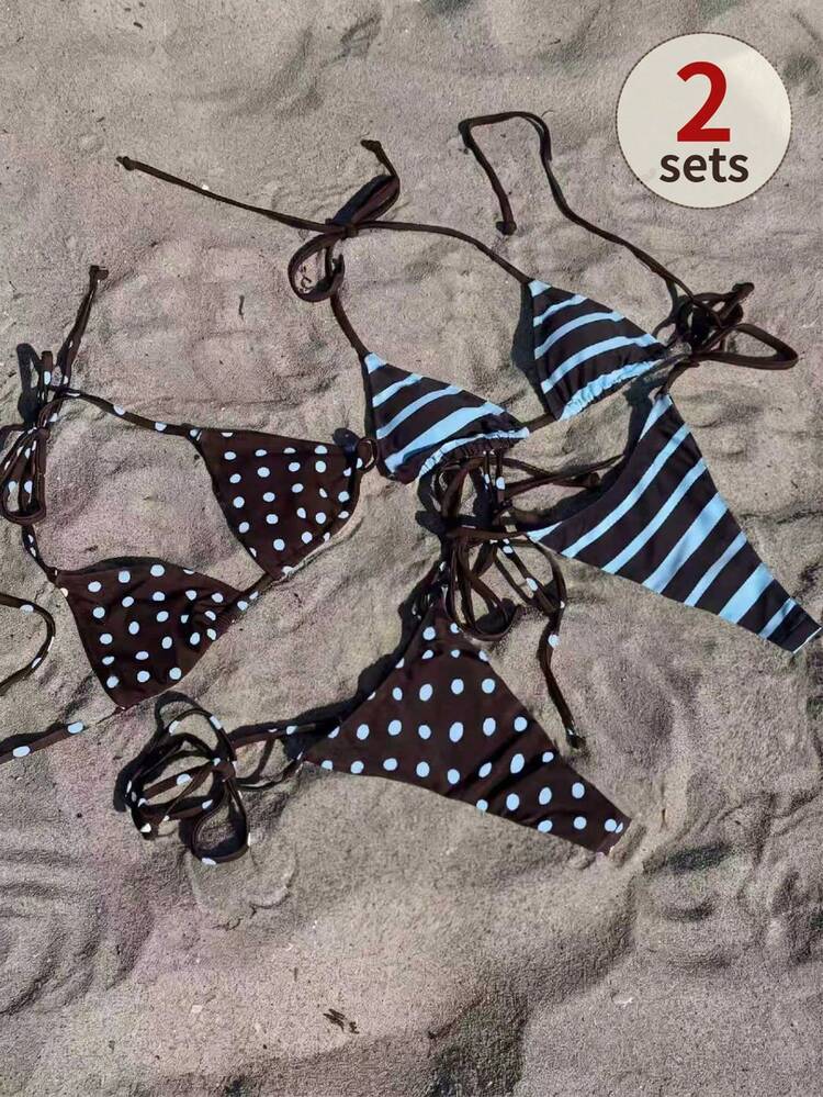 Swim Mod Women's Summer Beach Holiday Halter Tie Polka Dot Striped Sexy Thong Bikini Swimsuit 4-Piece Set, Brown Top, Blue Top, Holiday Outfit, Beach Outfit, Women's Vacation Outfit, Polka Dot Top, Back To School, Teacher - Multicolor - View 1