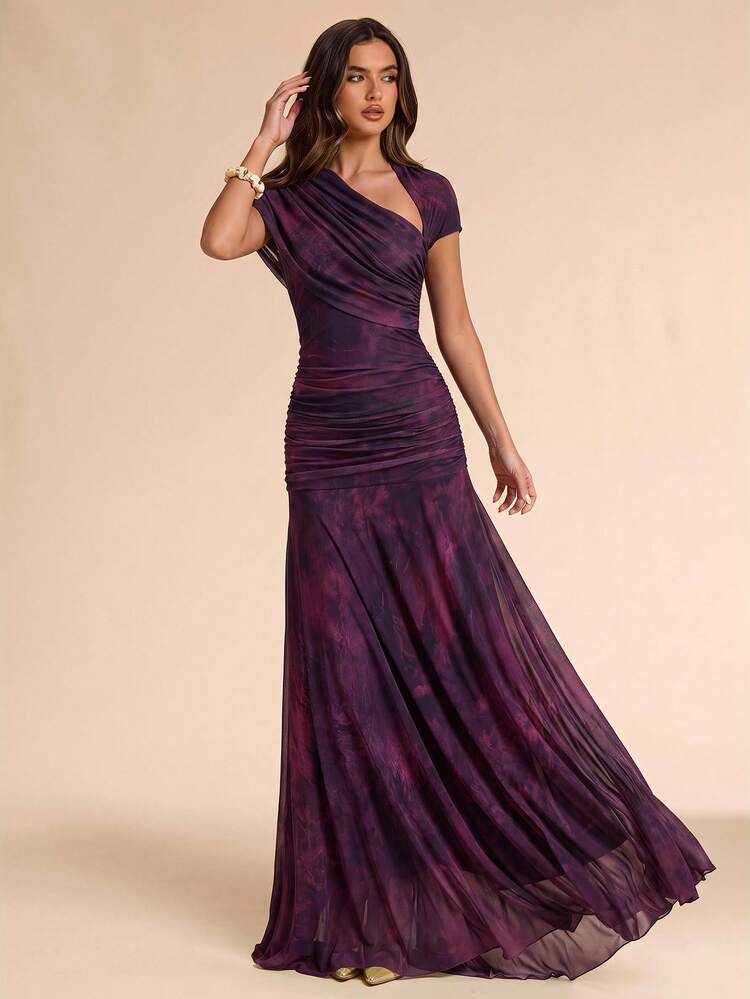 SHEIN BAE Spring/Summer Purple Tie Dye Floral Print Round Neck Short Sleeve Fitted Ruched Full Skirt Elegant Dress, Elegant Dress - Purple - View 5