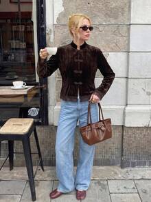 Struktiv Damen Herbst/Winter Mode Stehkragen Samt glänzend Froschknopf Kontrast Spitze chinesischer Stil Lässig Outdoor Shopping Party Jacke - Braun - Übersicht 4