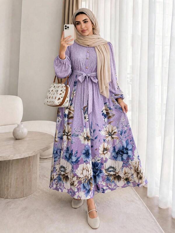 Solavon Plus Size Women's Floral Print Waist Tie Casual Party Dress