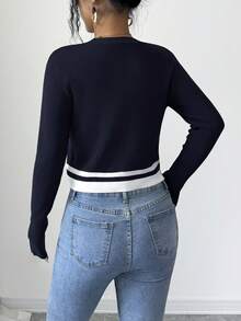 SHEIN Elenzya Women's Autumn/Winter Striped Knit Cardigan And Camisole Knit Vest 2 Pieces Set - Navy Blue - View 2