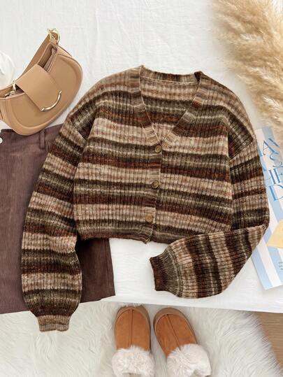 CovetEZ Plus Size Women's Striped Colorblock Casual Versatile Daily Cardigan