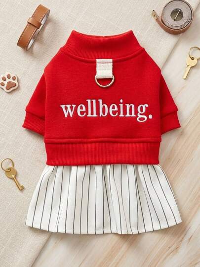 PETSIN 1pc Pet Dress, Cat And Dog Universal Clothing, Embroidered Letter Red Patchwork Pleated Skirt Casual Style