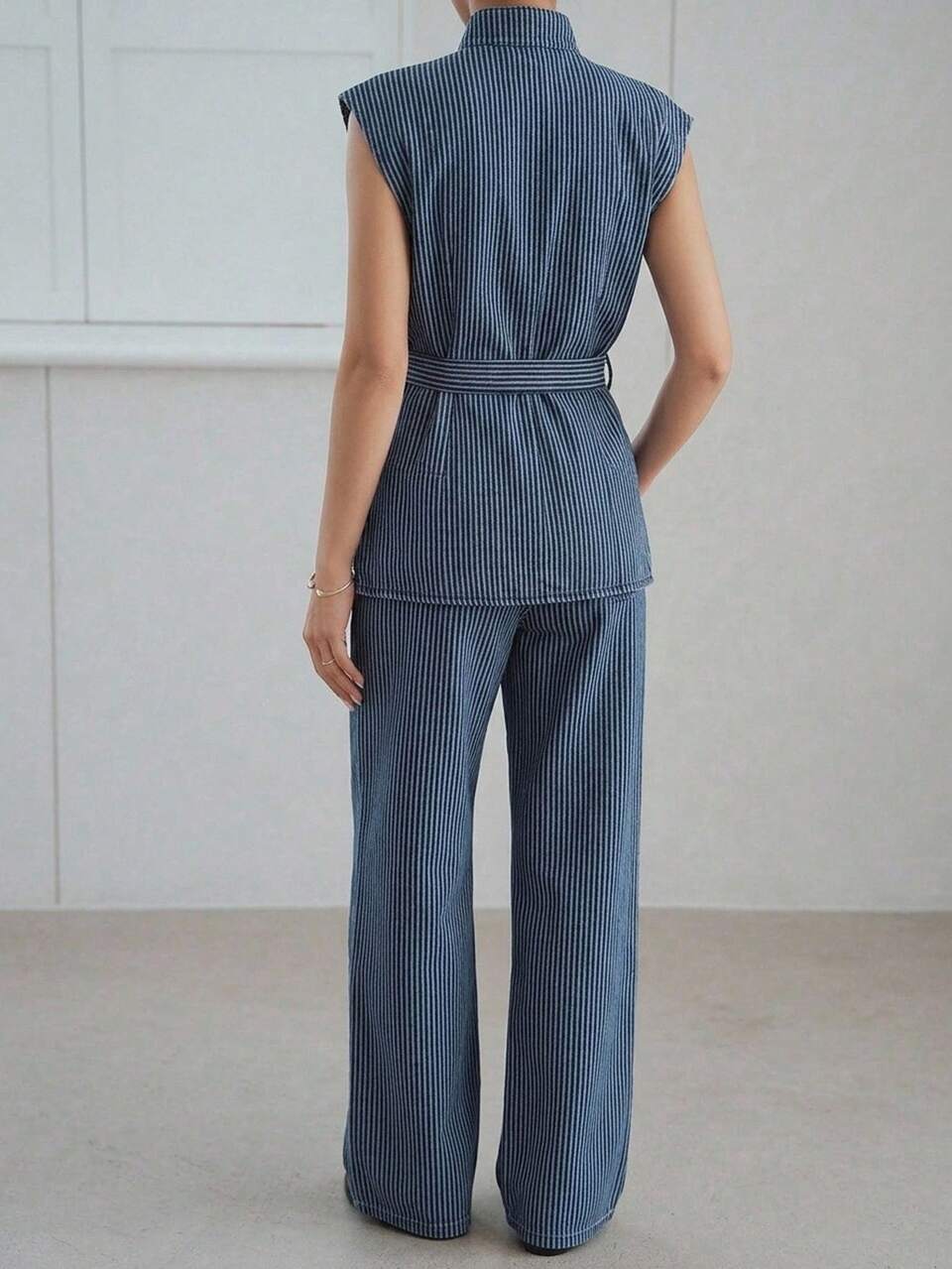 Summer Autumn V-Neck Sleeveless Tie Waist Blue Vertical Striped Cotton Top With Straight Leg Pants Women's Denim Set