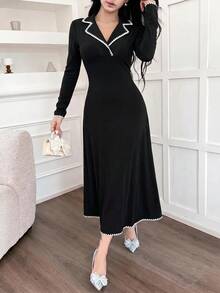 Feyla Robe d'automne nouvelle à blocs de couleurs avec garniture pied-de-poule, taille marquée, coupe évasée, confortable, décontractée et élégante - Noir - Voir 5