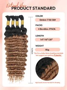 100% Human Braiding Hair For Boho Braids Deep Wave Curly Human Hair Braiding Hair 4 Bundles/Pack 95g Full Head Natural Black Bulk Human Hair Extension For Knotless Braiding Wet Wavy No Weft Pre Separated Braiding Hair Human Hair Extensions For Women - SNATURAL/30 - View 6