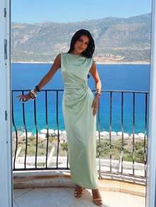 Aloruh Sage Green Satin Long Dress With Asymmetrical Shoulder Metal Decoration, Elegant Romantic Goddess Style Summer Outfits Beach Birthday Wedding Boho - Green - View 7