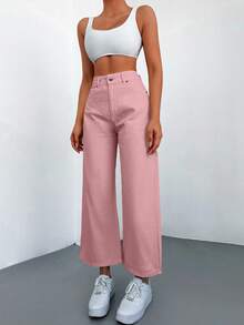 Cottnline High Waist Cropped Wide Leg Jeans - Pink - View 3