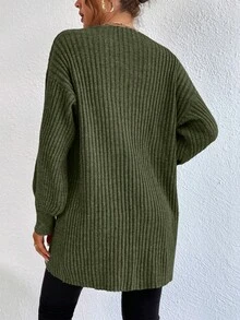 EURMUSE Casual Solid Color Drop Shoulder Loose Cardigan - Army Green - View 2