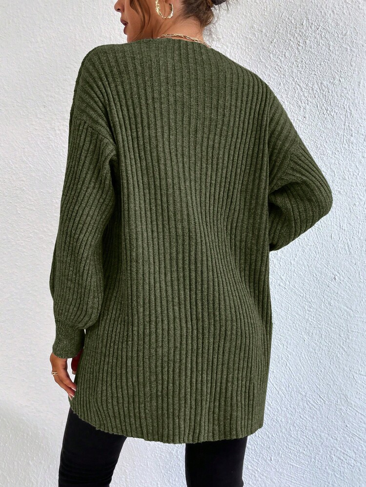 EURMUSE Casual Solid Color Drop Shoulder Loose Cardigan - Army Green - View 2