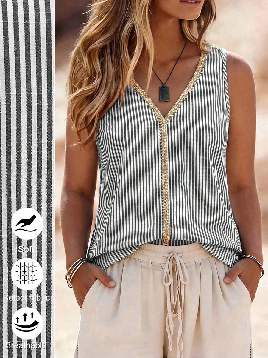 SHEIN LUNE CURVE Women's Plus Size V-Neck Striped Patchwork Black And White Lace Trim Casual Tropical Vacation Loose Tank Top Blouse Formal Beach Summer - Black - View 1