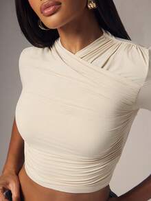 Denimoi Wrap Detail Fashion Tops Ruched Seams Everyday Wear Solid Color Dinner Brunch Effortless Tops - White - View 2
