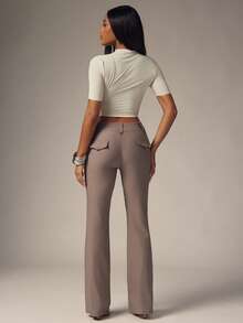 Denimoi Fashion Trouser Pants Boot Cut Trousers Brunch Date Night Dinner GNO Office Wear, Chic Business - Khaki - View 3