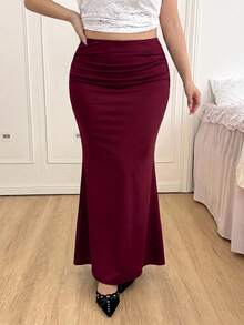 SHEIN EZwear 大尺碼女款極簡性感優雅純色魚尾裙 秋季雞尾酒會酒紅色 - 酒紅色 - 查看 8