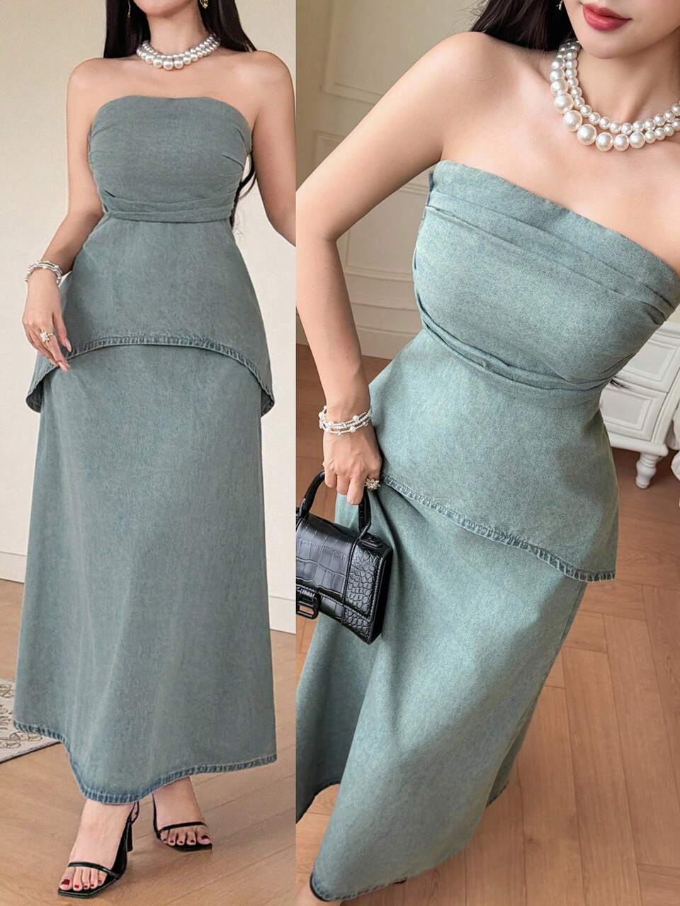 Women's Casual Sleeveless Tank Top And Long Denim Skirt Set, Summer