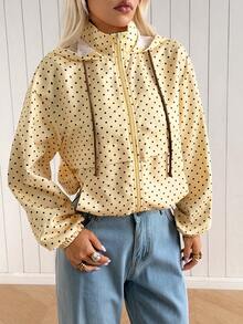 SHEIN EZwear 女款波點圖案長袖拉鍊連帽外套 - 黑與白 - 查看 3