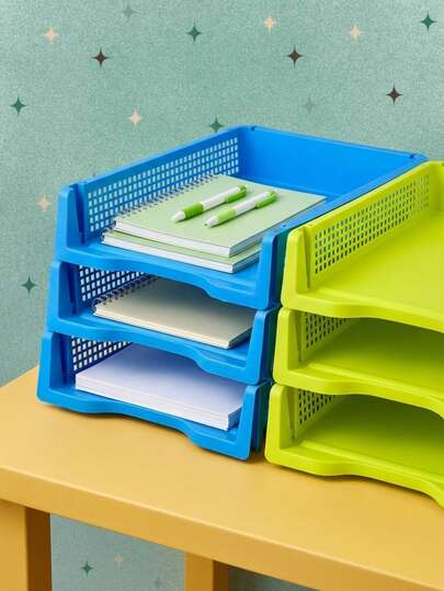 Joivida 3Pcs Stackable A4 Plastic File Trays, Multi-Layer Large Capacity Document Organizer, Sturdy Drop-Resistant Desktop Paper Storage Rack, Space-Saving Stackable Design, 4 Fresh Colors Available Blue Red Yellow Green For Office Desk Home Use