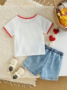 SHEIN Vintaside Kids 女嬰熱門愛心印花對比滾邊短袖上衣 時尚可愛端莊 拍照用 親子套裝 白色藍色 夏季 - 淺色水洗藍 - 查看 3