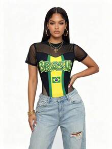 Glyssa Bodysuit Wanita Elegan Streetwear Musim Semi/Panas Bergaris dengan Jala Kontras, Leher Bulat, Lengan Pendek, Pas Badan, Gaya Musik Rave, Hitam dan Kuning - MultiWarna - View 5