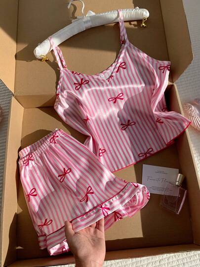 Comfortcana Bow Tie & Striped Print Faux Silk Camisole & Shorts Pajama Set For Women
