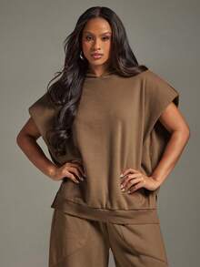 Denimoi Oversized Pad Shoulder Sweatshirt Lounge Wear Airport Cozy, Daily Casual - Brown - View 6