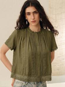 Arave Women's Elegant Bohemian Style Linen Fabric Patchwork Lace Design White Blouse, Women's Blouse, Apricot, Contains Linen Viscose Fabric, Hollow Embroidery, Women's Blouse, Round Neck, Short Sleeve, Loose Fit, Casual Wear - Green - View 7
