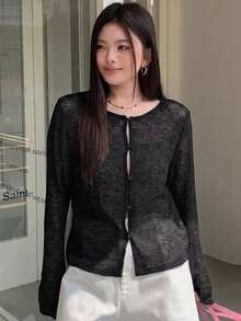 Dazy Plus 女款大尺碼圓領素色長袖透視開襟衫，休閒上衣，適合春、夏、秋季 - 黑色 - 查看 7