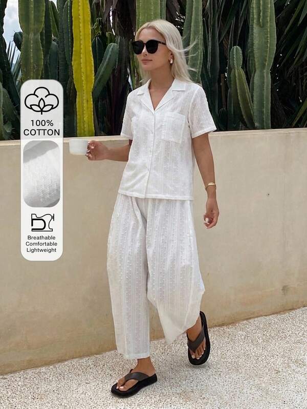 DAZY 2pcs/Set Women's Loose Cardigan Short Sleeve Top & Lantern Pants Pajama Set, Summer Outfit