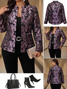 Reflora Plus Size Women Elegant Vintage Jacquard Long Sleeve Blazer Jacket Evening Office Wedding Guest Black Summer Fall - Purple - View 6