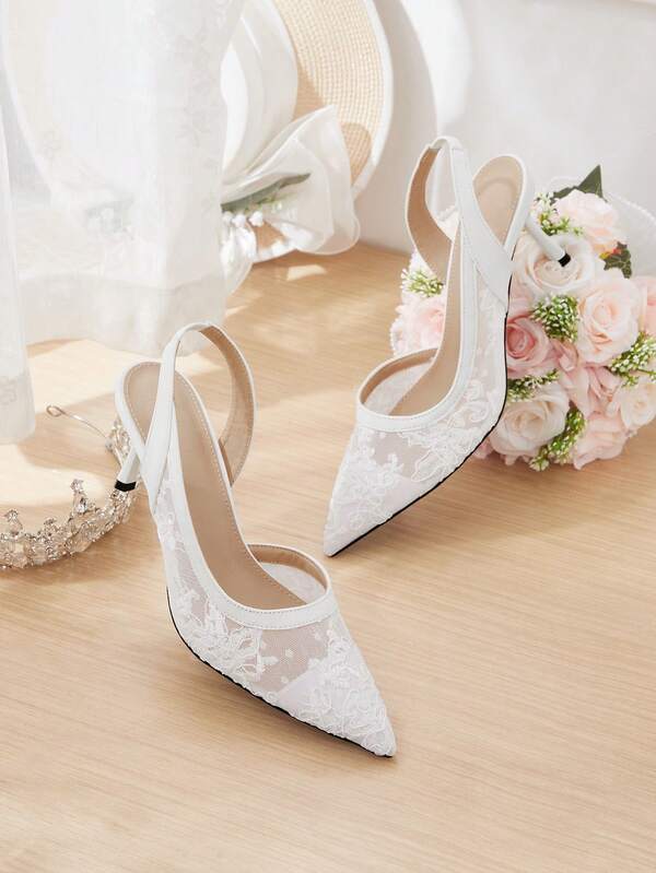CUCCOO HITCHD Women's Shoes French Light Mesh Pointed Heel Sandals Back Strap Closed Toe Design White Lace PU Leather Soft Sole Versatile Commuter Afternoon Tea