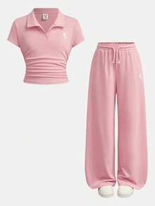 SHEIN Tween Girls 2 Pieces Set, Pink Ruffle Short Sleeve T-Shirt And High-Waist Wide Leg Pants, Cute Embroidery, Fashion Y2k Summer Holiday, Vacation - Pink - View 6