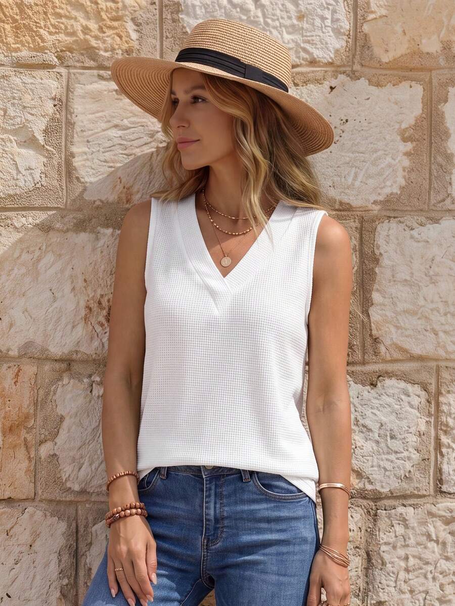 EMERY ROSE Women's Solid V-Neck Casual Versatile Daily Wear Top - White - View 1