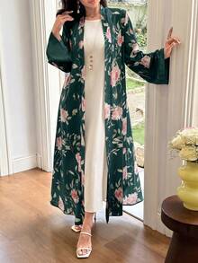 Al Najma 淺綠色花卉印花優雅日常通勤女款長袍 - 墨綠色 - 查看 8