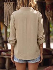 Linhara CURVE Plus Size Women's Khaki Long Sleeve Shirt, Casual Kawaii, Simple Collar Design, Hollow Lace Patchwork, Fall Brunch Vacation - Apricot - View 2