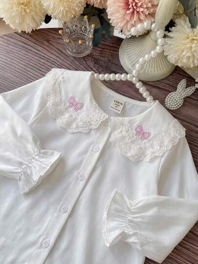 SHEIN Young Girl Bow Decor Lace Patchwork Single-Breasted French Shirt