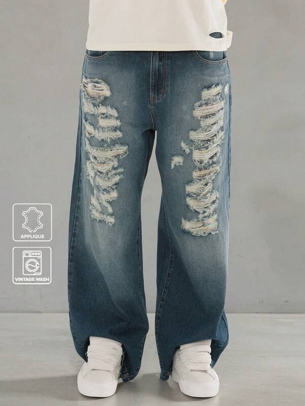 FORM&CHAOS Men's Summer Distressed Pattern Print Denim Long Pants