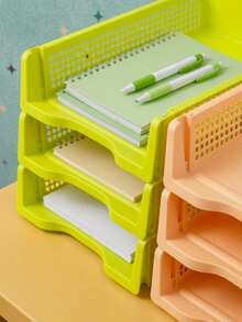 Joivida 3Pcs Stackable A4 Plastic File Trays, Multi-Layer Large Capacity Document Organizer, Sturdy Drop-Resistant Desktop Paper Storage Rack, Space-Saving Stackable Design, 4 Fresh Colors Available Blue Red Yellow Green For Office Desk Home Use - multicolor - View 8