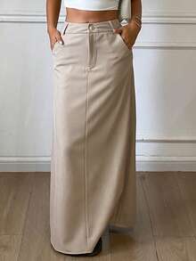 DAZY Solid Color Fitted A-Line Long Slit Elegant Casual Vacation Spring Autumn Women's Skirt - Khaki - View 6