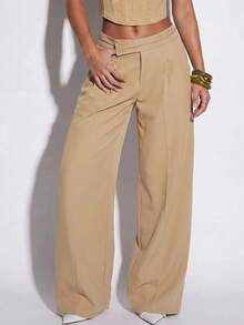 Normani Women's Fashion Versatile Commute Solid Color Wide Leg Long Pants - Apricot - View 3