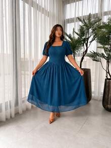 Modelyn Women's French Elegant Square Neck Petal Sleeve Textured Pleated Chiffon Patchwork Long Dress Plus Size - Teal Blue - View 7