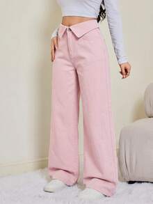 SHEIN Tall 女款折疊腰寬腿寬鬆休閒牛仔褲 - 粉色 - 查看 6