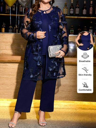 SHEIN Clasi Plus Size Women 3 Pieces Set,Navy Blue Mesh Embroidered Jacket,Fitted Camisole&Pants,Elegant Winter Wedding Outfit,Christmas New Year Clothes Outfit