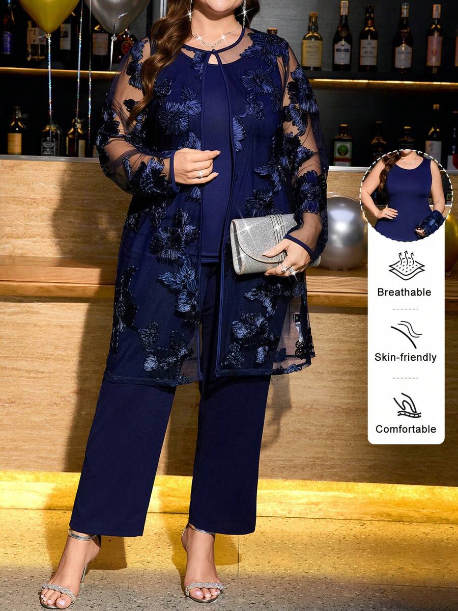 SHEIN Clasi 大码女装三件套：蓝色网纱刺绣外套、修身吊带背心和长裤，优雅秋季女装，冬季女装，圣诞节服装，新年服装，新年女装，感恩节女装，感恩节优雅连衣裙
