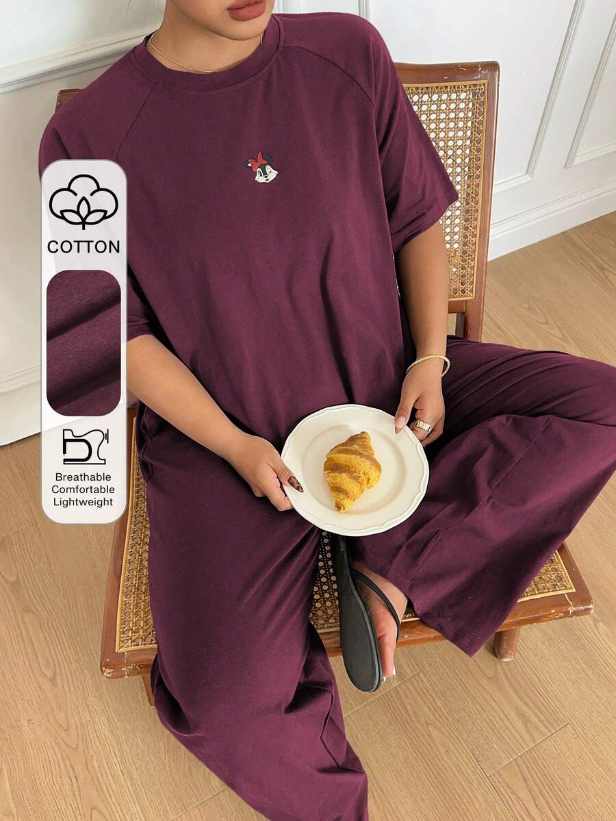 Dazy Plus Minimalist Cute Cartoon Print Raglan Sleeve Loose Fit Loungewear Pajama Set For Women, Spring/Summer, Plus Size - Red Violet - View 1