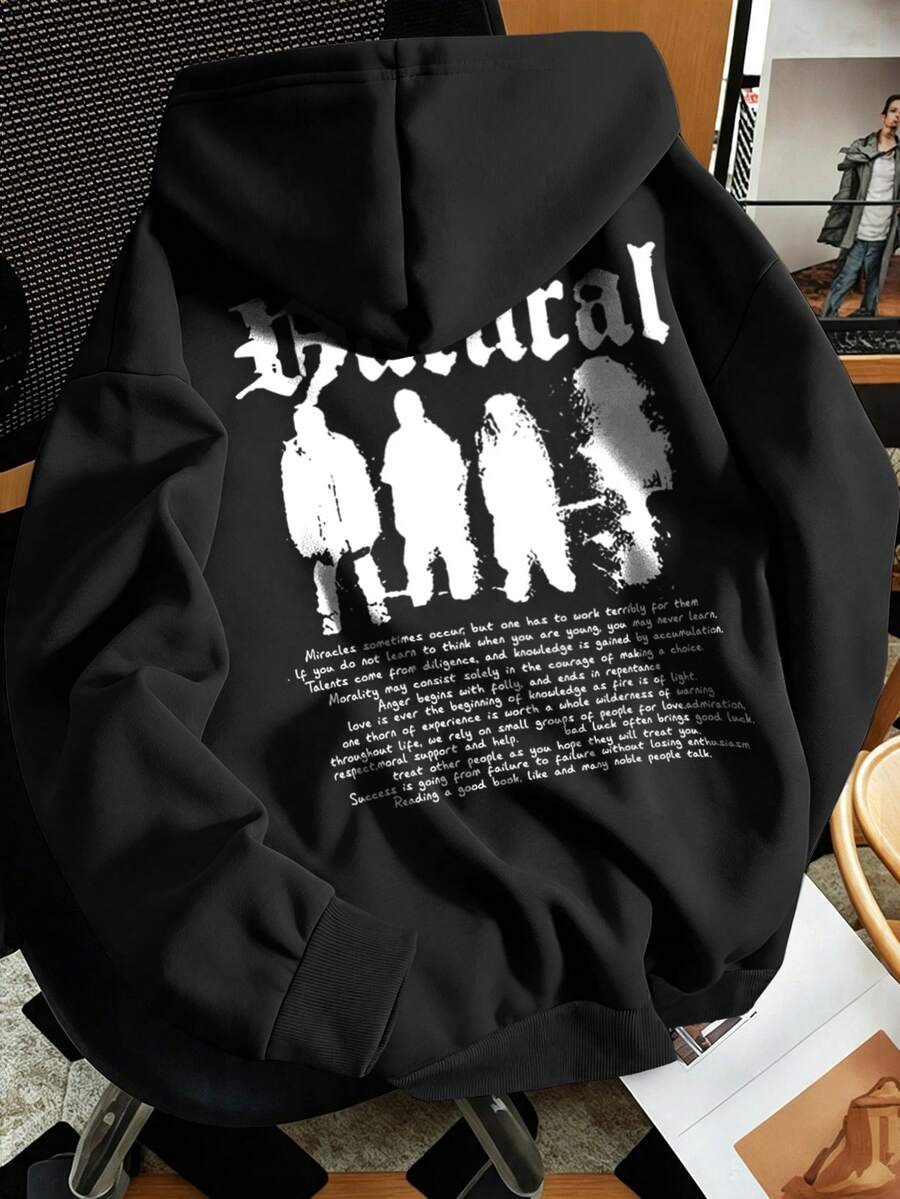 Manfinity Hypemode 男士寬鬆落肩抽繩連帽衛衣，印有標語圖案 - 黑色 - 查看 1