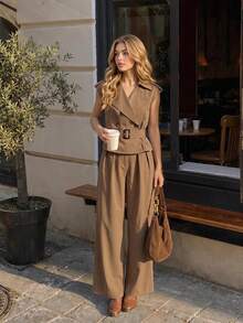 SHEIN MOD 女士休闲通勤背心裤套装 - 卡其色 - 查看 2