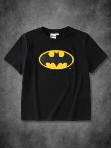 BATMAN X SHEIN Tween Boy Cartoon Print Round Neck Casual Short Sleeve T-Shirt - Black - View 1