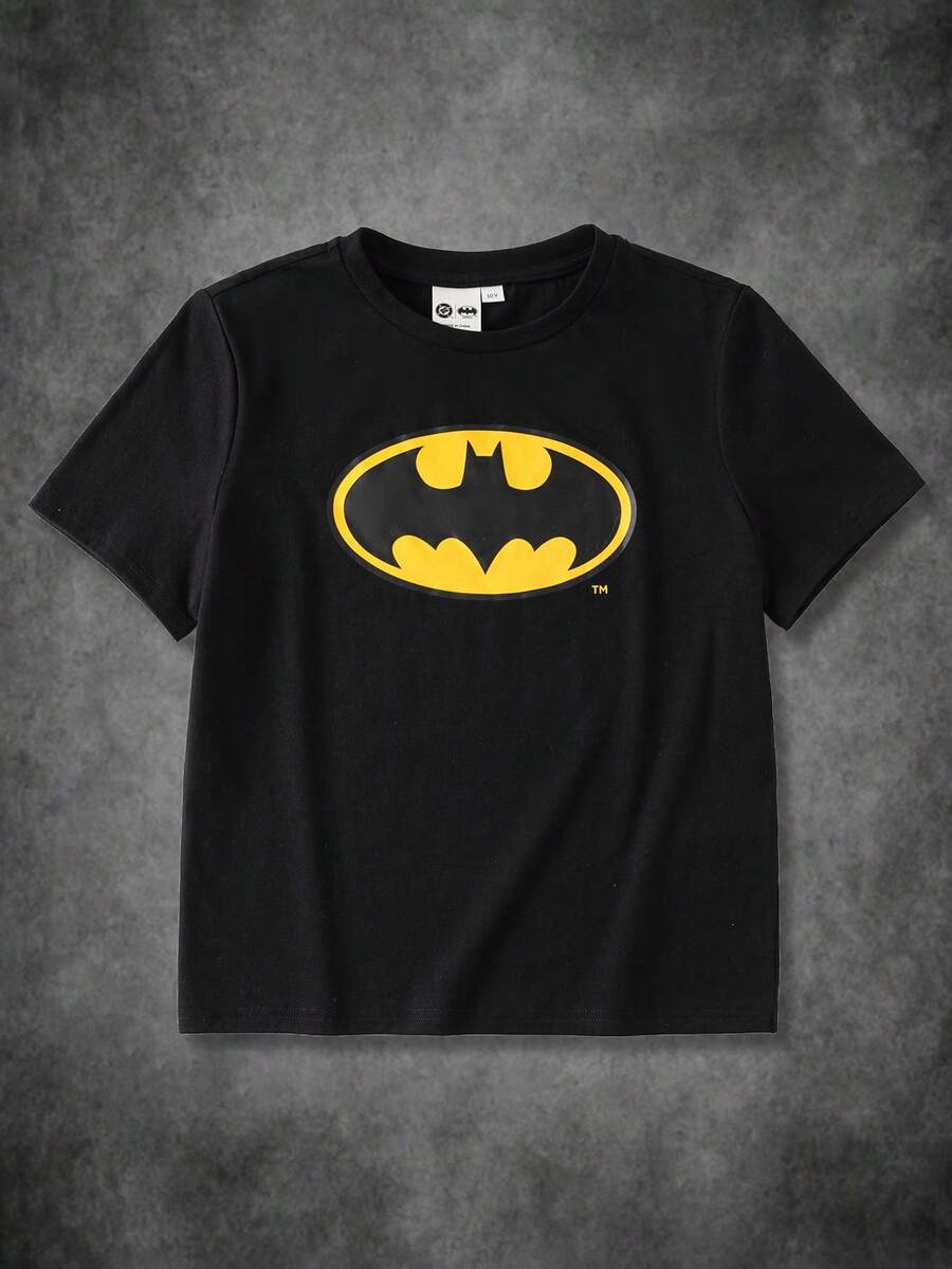 BATMAN X SHEIN Tween Boy Cartoon Print Round Neck Casual Short Sleeve T-Shirt - Black - View 1